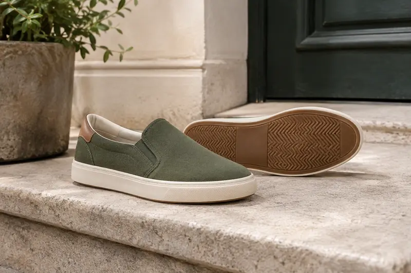 Baskets sans lacets posées sur une marche en pierre claire