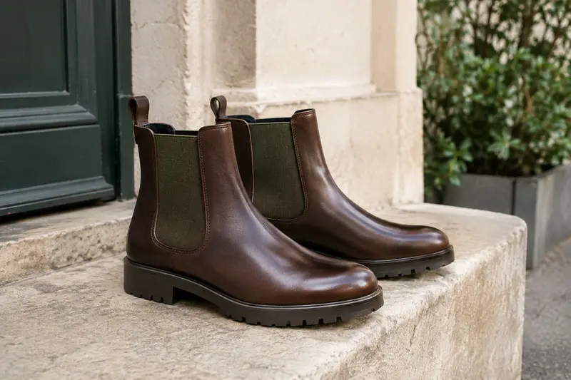 Bottines Chelsea en cuir brun montrant leurs empiècements élastiqués