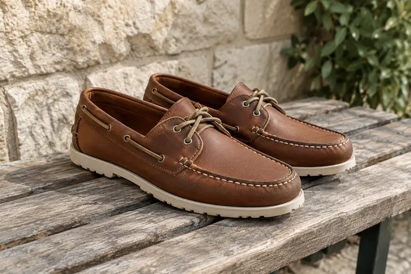 Chaussures bateau en cuir brun avec semelles rainurées