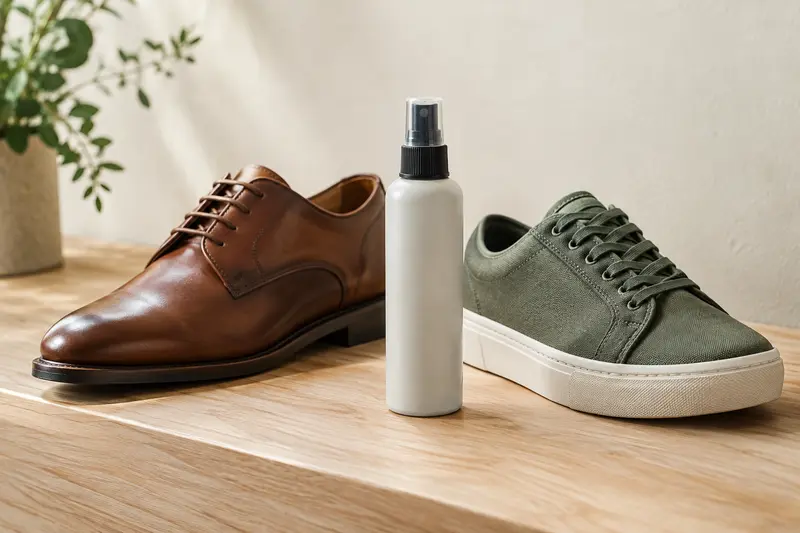 Spray imperméabilisant posé près de chaussures en cuir et en textile