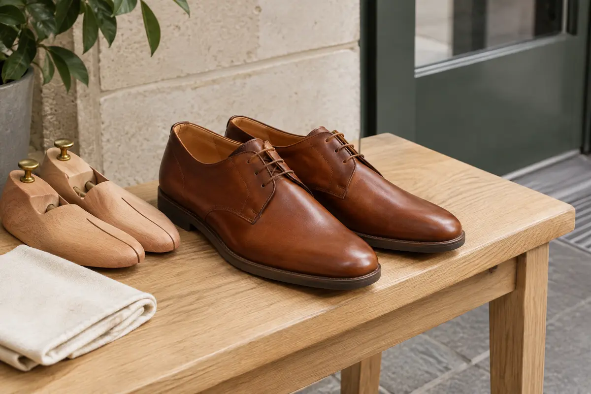 Paire de chaussures de marche de ville basses en cuir cognac sur un banc en bois clair, avec des embauchoirs en bois et un chiffon plié