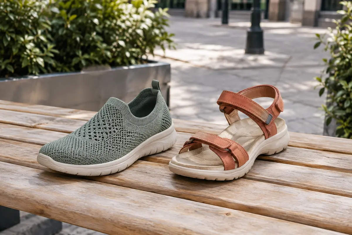 Chaussure légère en textile ajouré et sandale à brides posées côte à côte pour comparer les modèles d’été