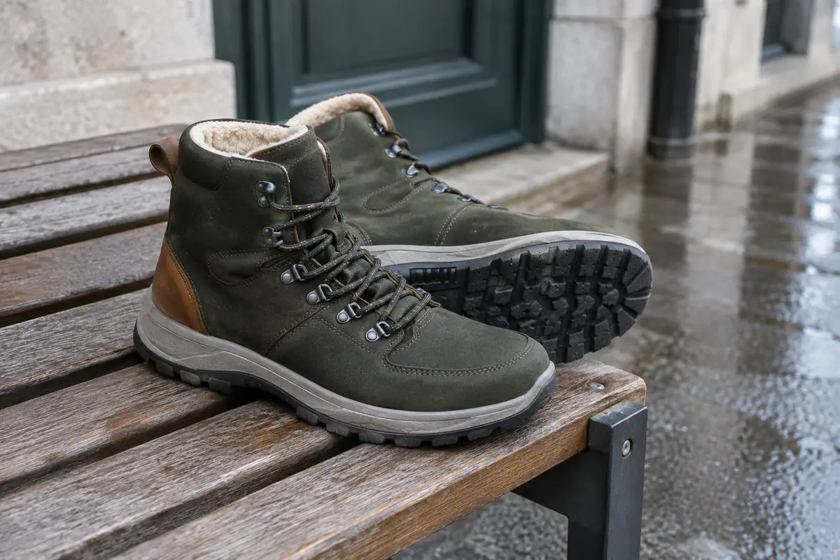 Bottines de ville posées près d’un sol humide, avec leur doublure et leur semelle visibles