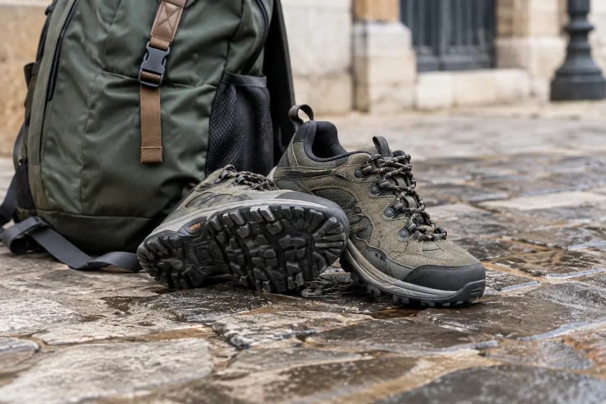 Chaussures de marche urbaines et sac posés sur des pavés légèrement humides