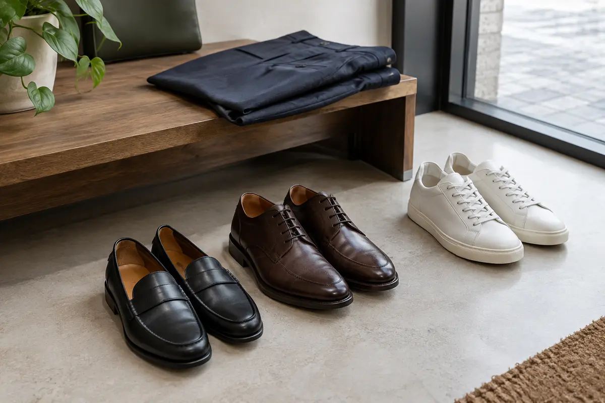 Mocassins, derbies et baskets sobres disposés près d’une tenue de bureau dans une entrée lumineuse.