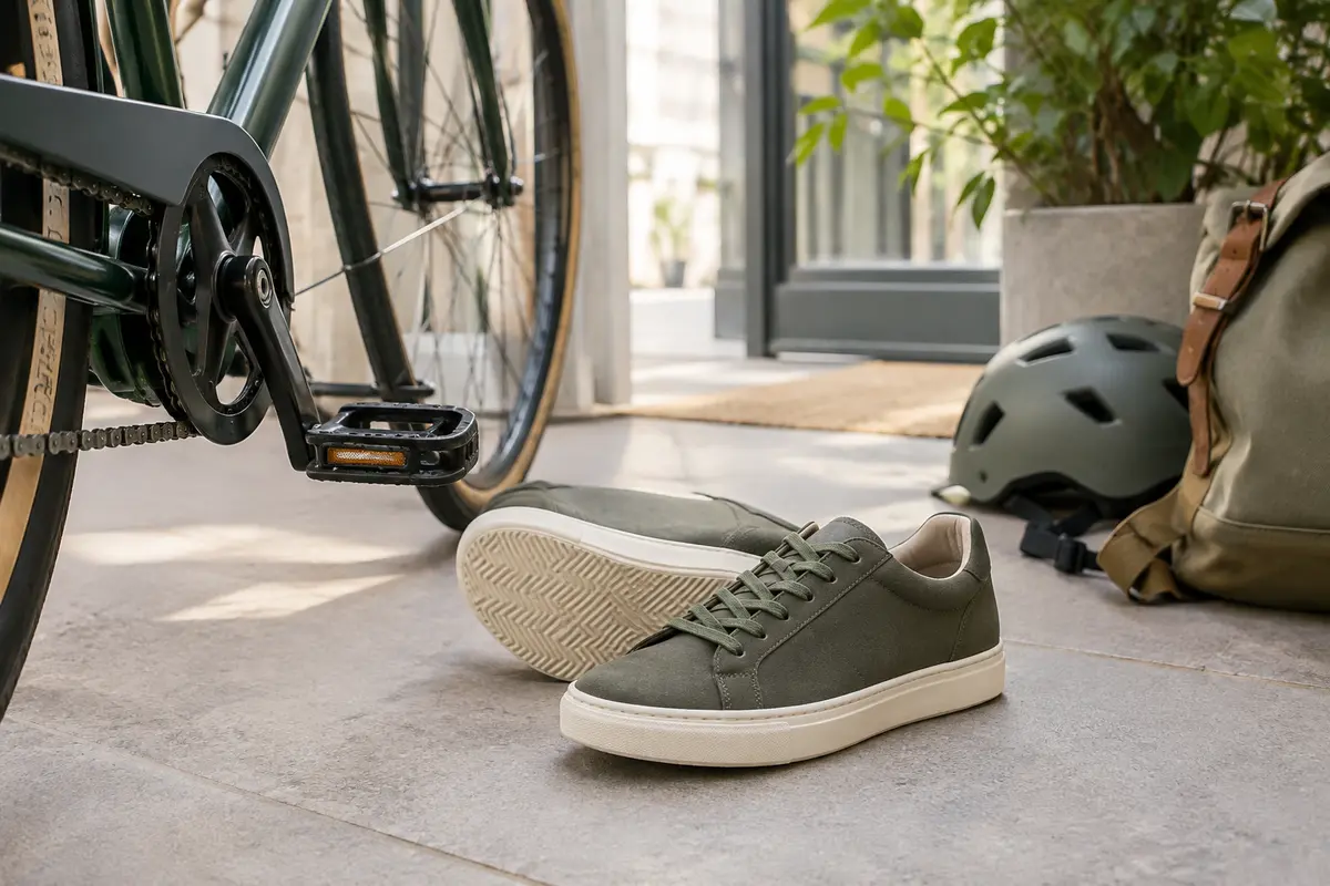 Baskets urbaines à lacets posées près d’un vélo de ville et d’une pédale plate