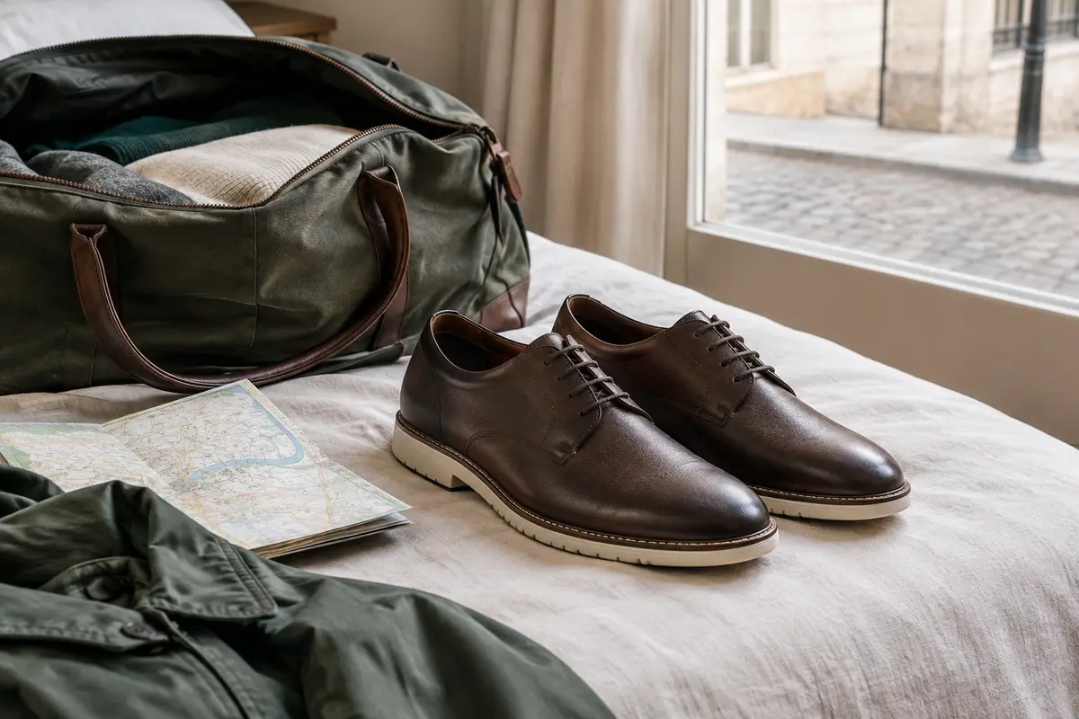 Chaussures de ville polyvalentes près d’un sac préparé pour un séjour urbain