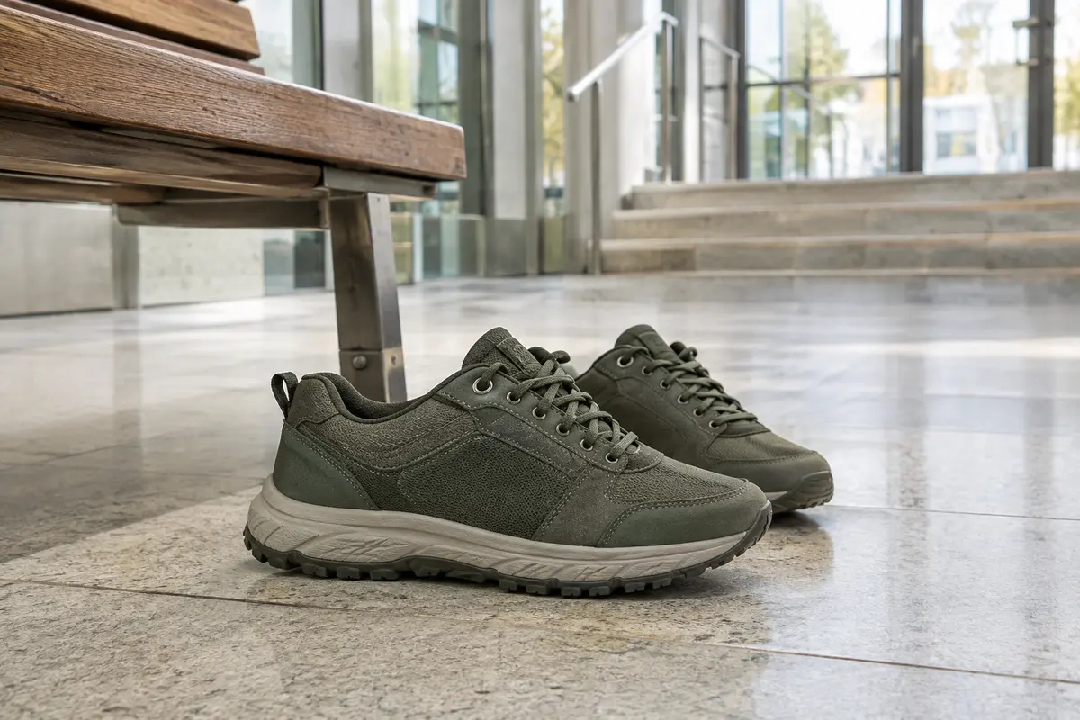 Chaussures de marche urbaines posées dans un hall de transport près de marches et d’un sol minéral.