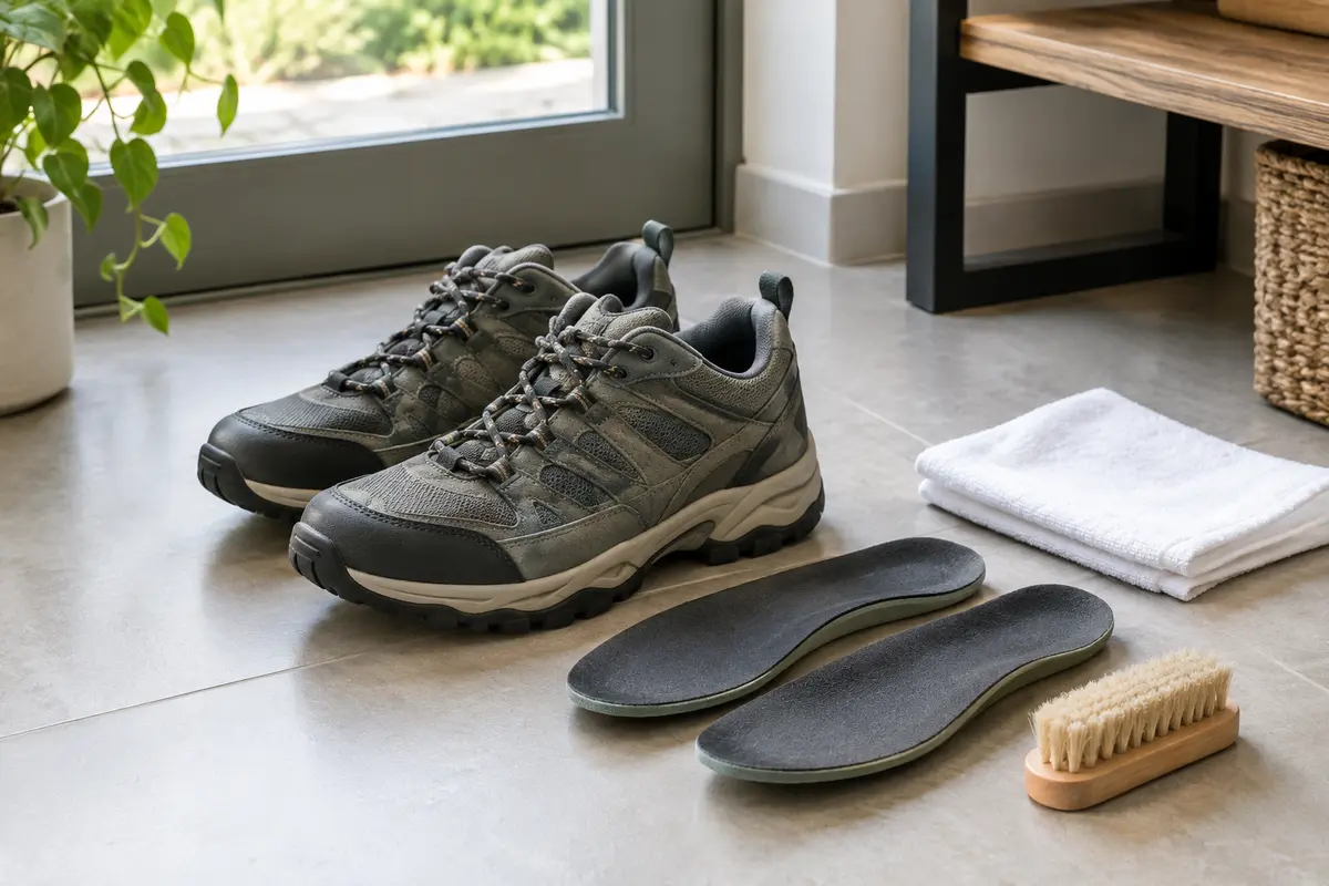 Chaussures de marche en textile et semelles amovibles séchant à l’air libre près d’un chiffon propre.