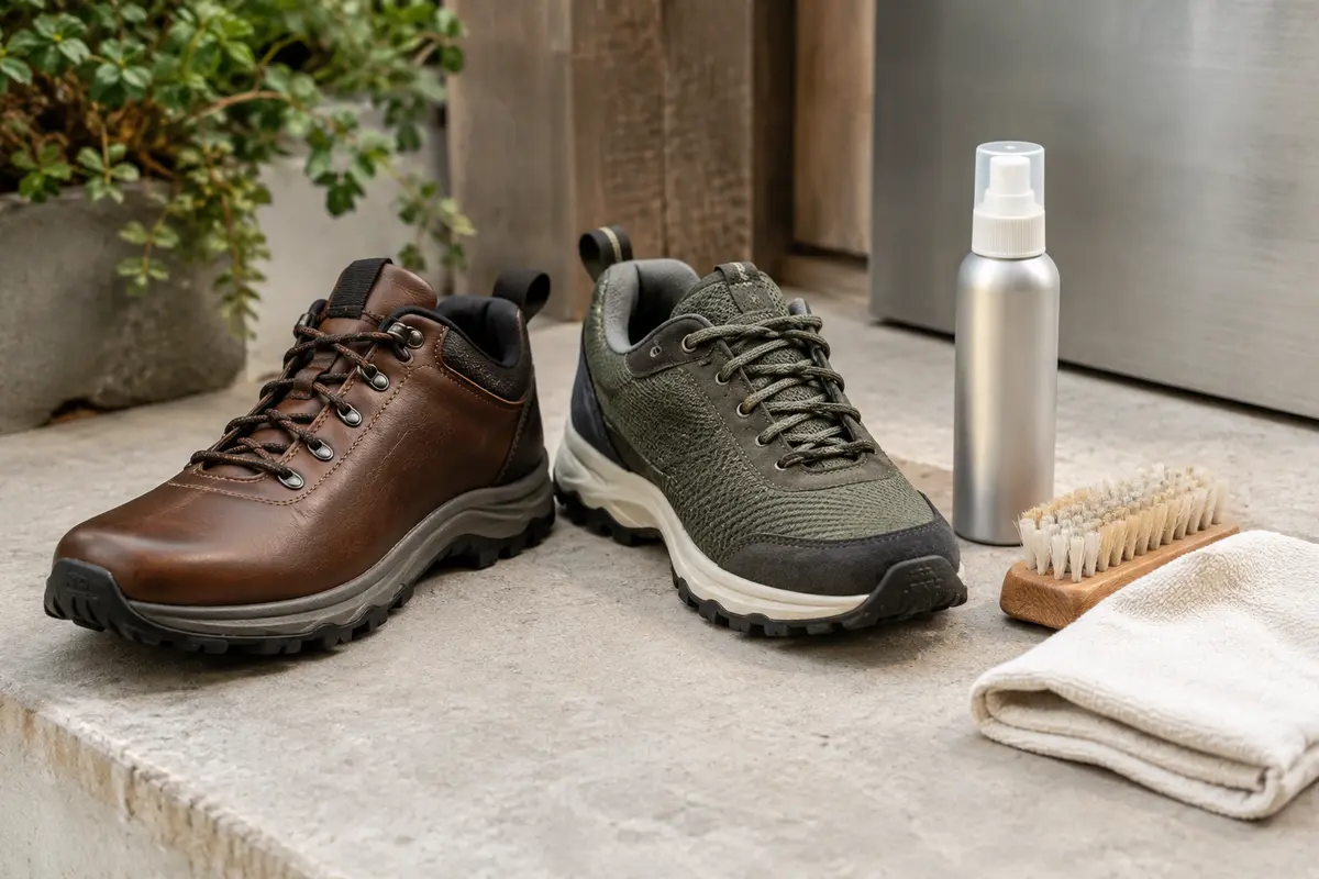 Chaussures de marche en cuir et en textile avec une brosse et un spray d’entretien neutre