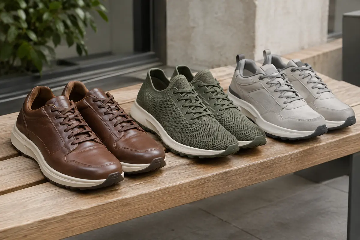 Chaussures de marche en cuir, textile et matière synthétique présentées côte à côte