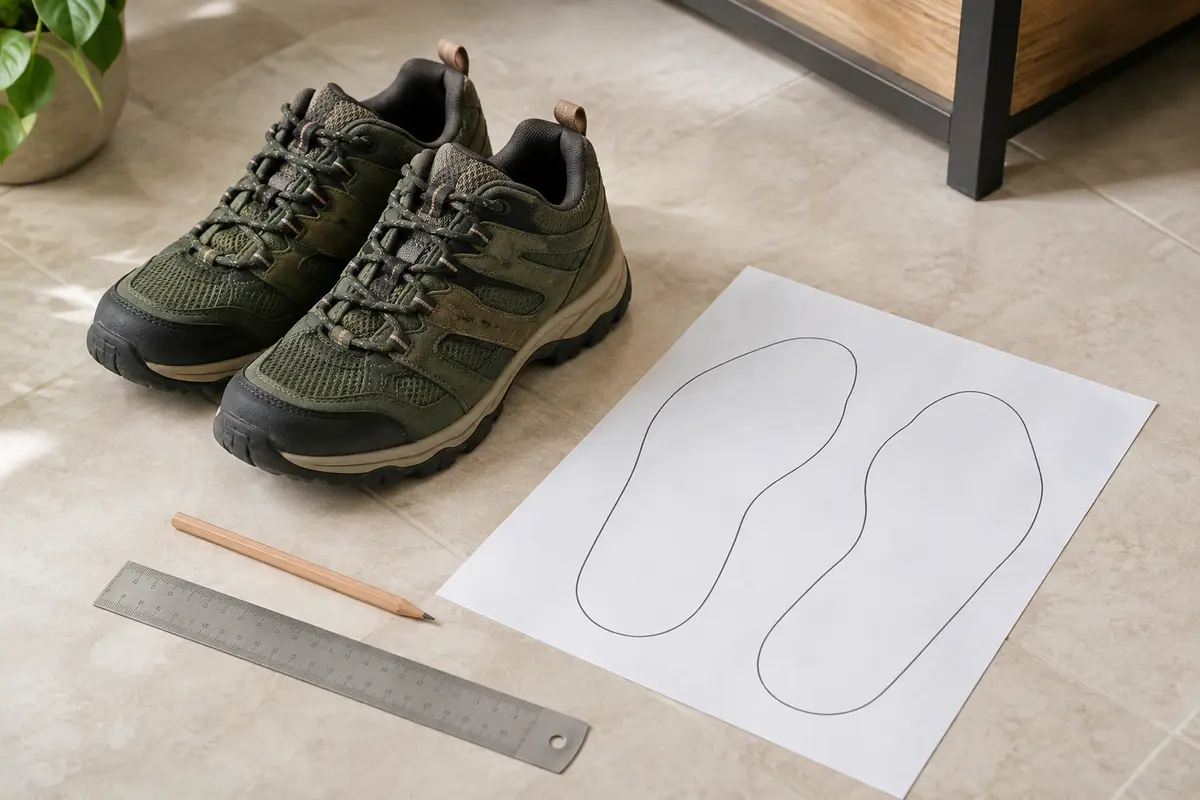 Chaussures de marche en ville près de feuilles, d’une règle et de contours de pieds à comparer