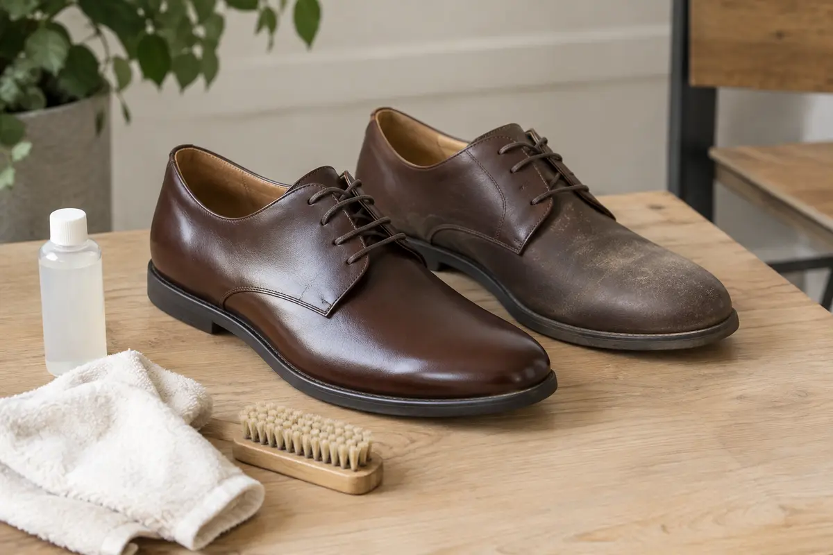 Chaussures de marche de ville basses en cuir brun foncé sur une table claire, l’une propre et l’autre poussiéreuse, avec un chiffon, une brosse et un flacon de nettoyant
