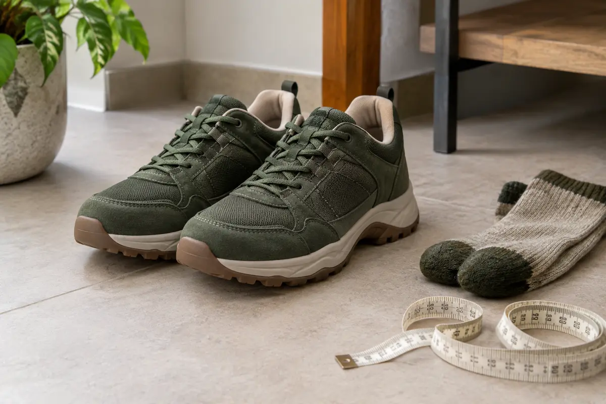 Chaussures de marche urbaines vues de près, avec leur avant arrondi et un mètre ruban posé à côté.