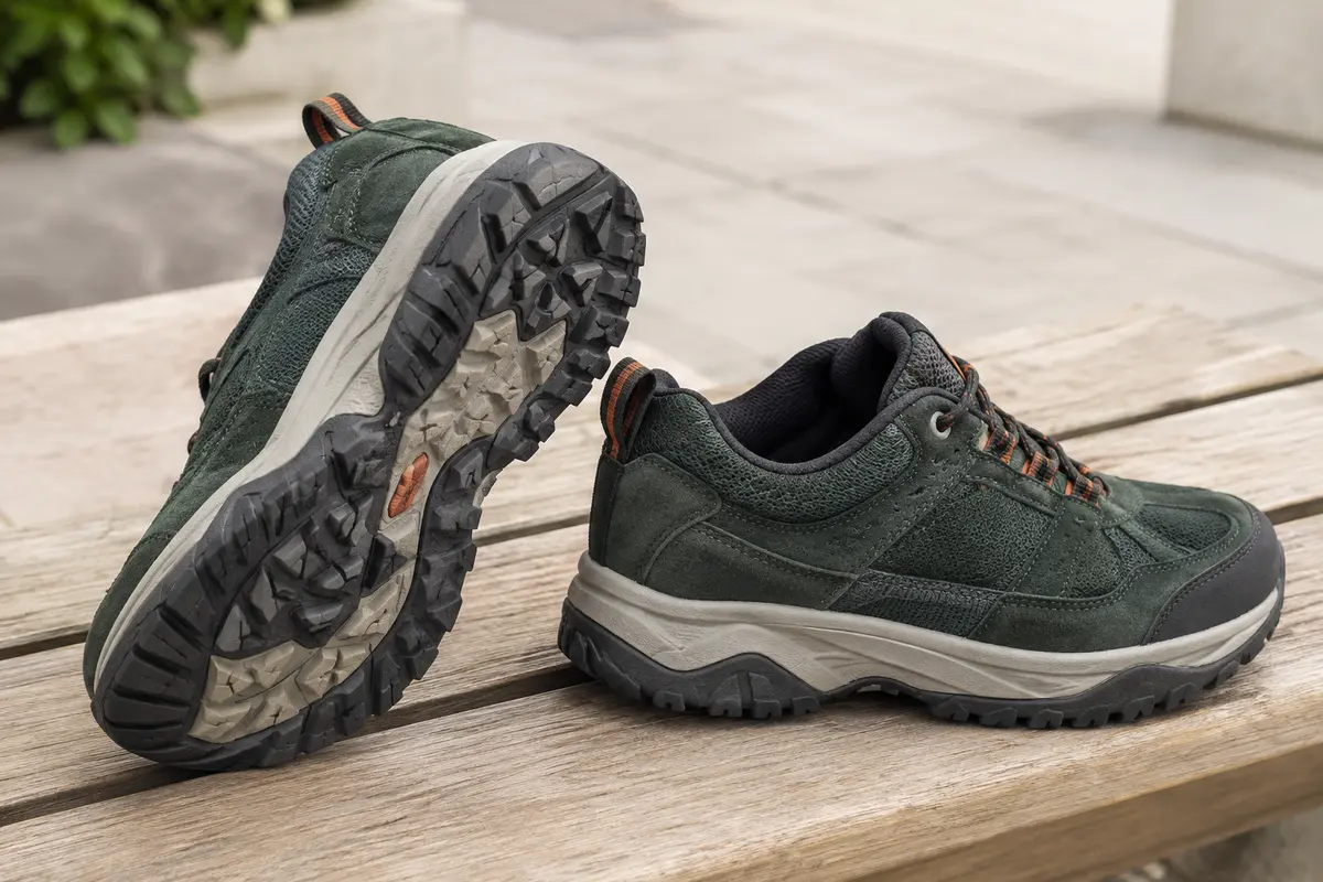 Deux chaussures de ville montrent leur profil et les reliefs de leurs semelles extérieures.
