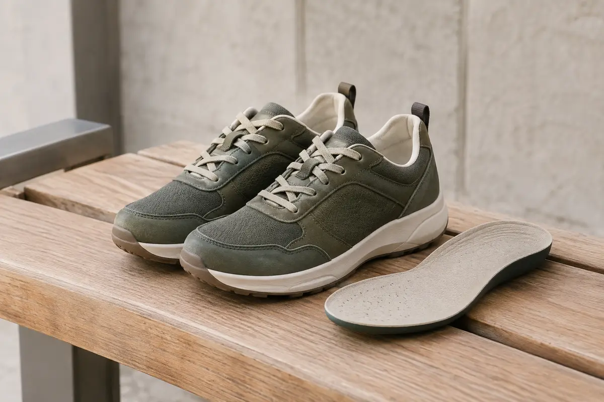 Chaussure de marche urbaine avec une semelle intérieure amovible posée à côté