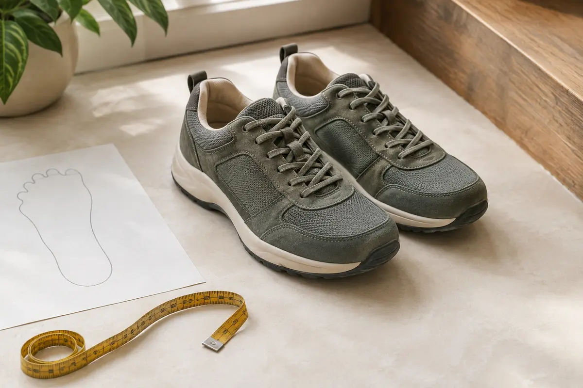 Chaussures de marche urbaines près d’un contour de pied et d’un mètre souple pour illustrer la largeur à l’avant.