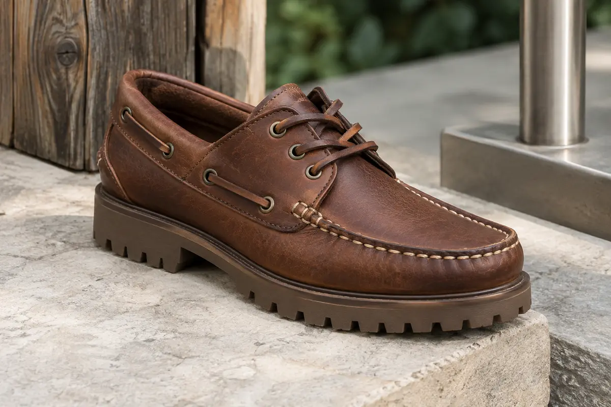 Mocassin bateau Aigle brun en cuir, avec lacets et semelle extérieure crantée en caoutchouc.