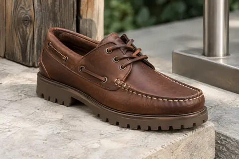 Mocassin bateau Aigle brun en cuir, avec lacets et semelle extérieure crantée en caoutchouc.