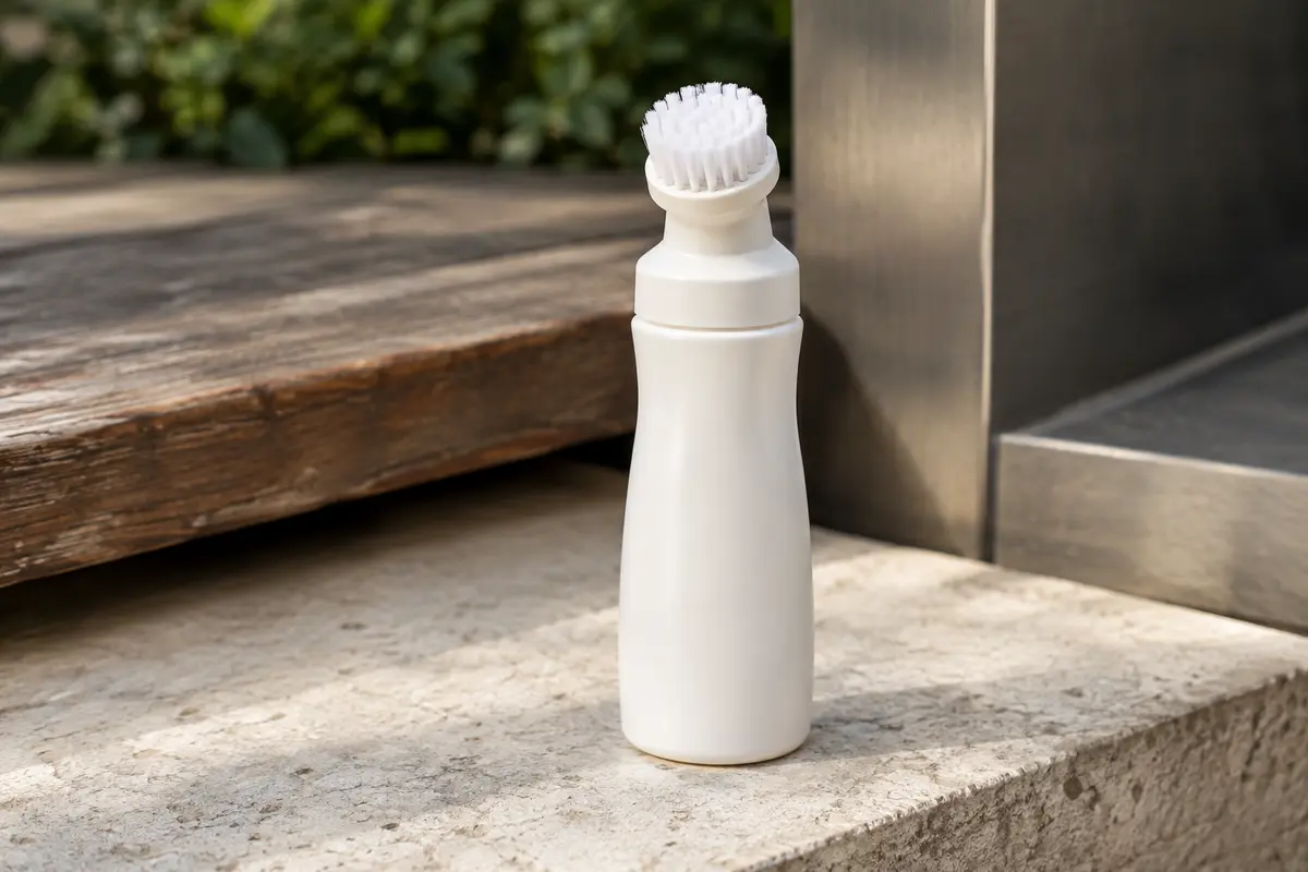 Flacon blanc de détachant liquide pour baskets avec brosse applicatrice, posé sur une pierre claire.