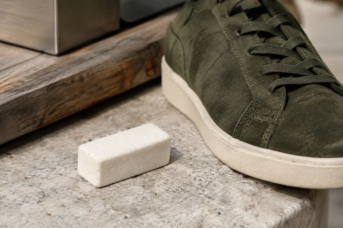 Gomme blanche pour daim et nubuck posée près d’une chaussure en nubuck dans un décor urbain sobre