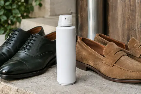 Aérosol blanc d’imperméabilisant posé près de chaussures en cuir et en daim dans un décor urbain sobre.