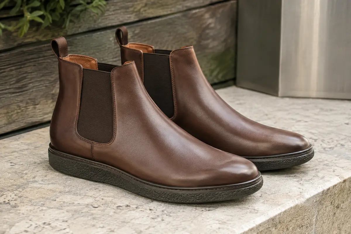 Bottines Chelsea Bruno Marc en simili cuir marron posées sur une pierre claire dans un décor urbain sobre.