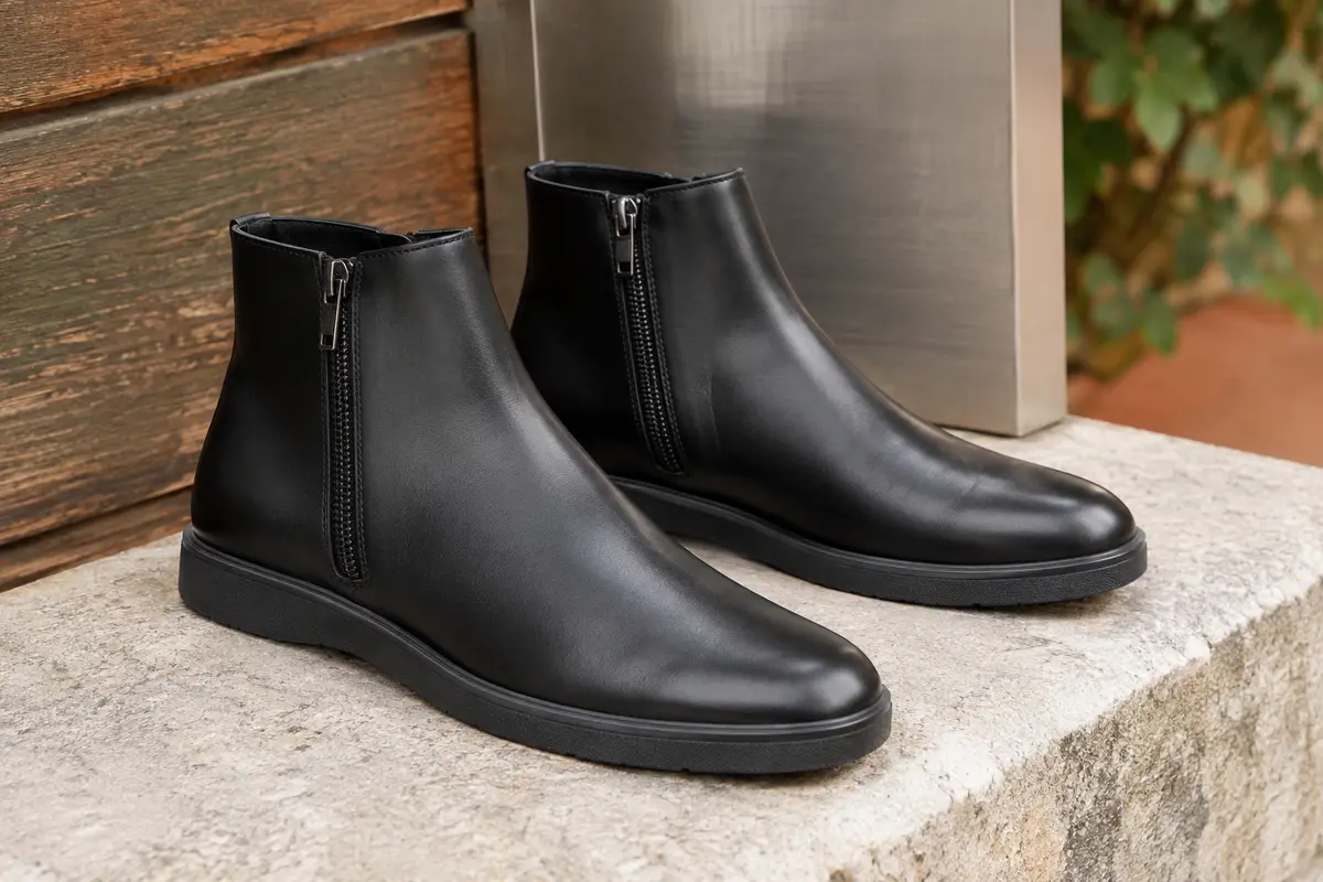 Bottines Chelsea noires en simili cuir avec zip latéral et semelle plate posées sur une pierre claire.