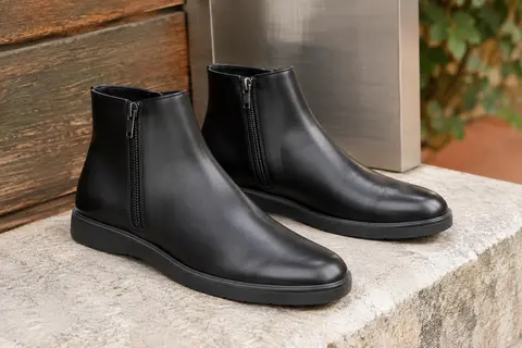 Bottines Chelsea noires en simili cuir avec zip latéral et semelle plate posées sur une pierre claire.
