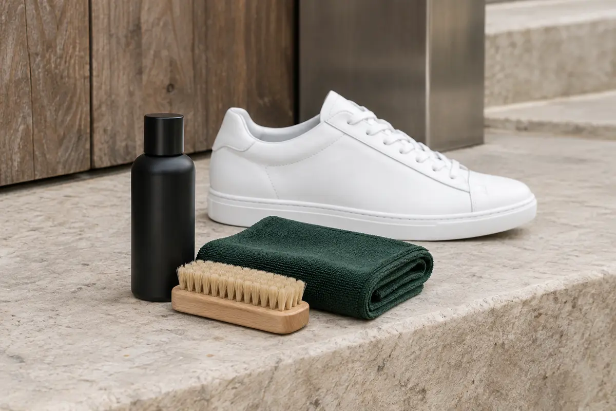 Kit de nettoyage pour baskets avec flacon noir, brosse en bois et chiffon microfibre vert sur une marche en pierre, devant une basket blanche unie