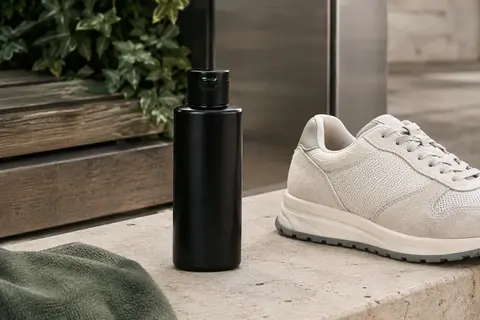 Flacon noir de nettoyant liquide pour baskets posé sur une pierre claire dans un décor urbain sobre.