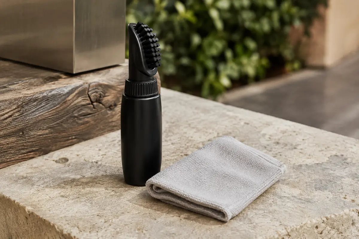 Kit noir de mousse nettoyante pour sneakers avec brosse intégrée et chiffon microfibre sur pierre claire.