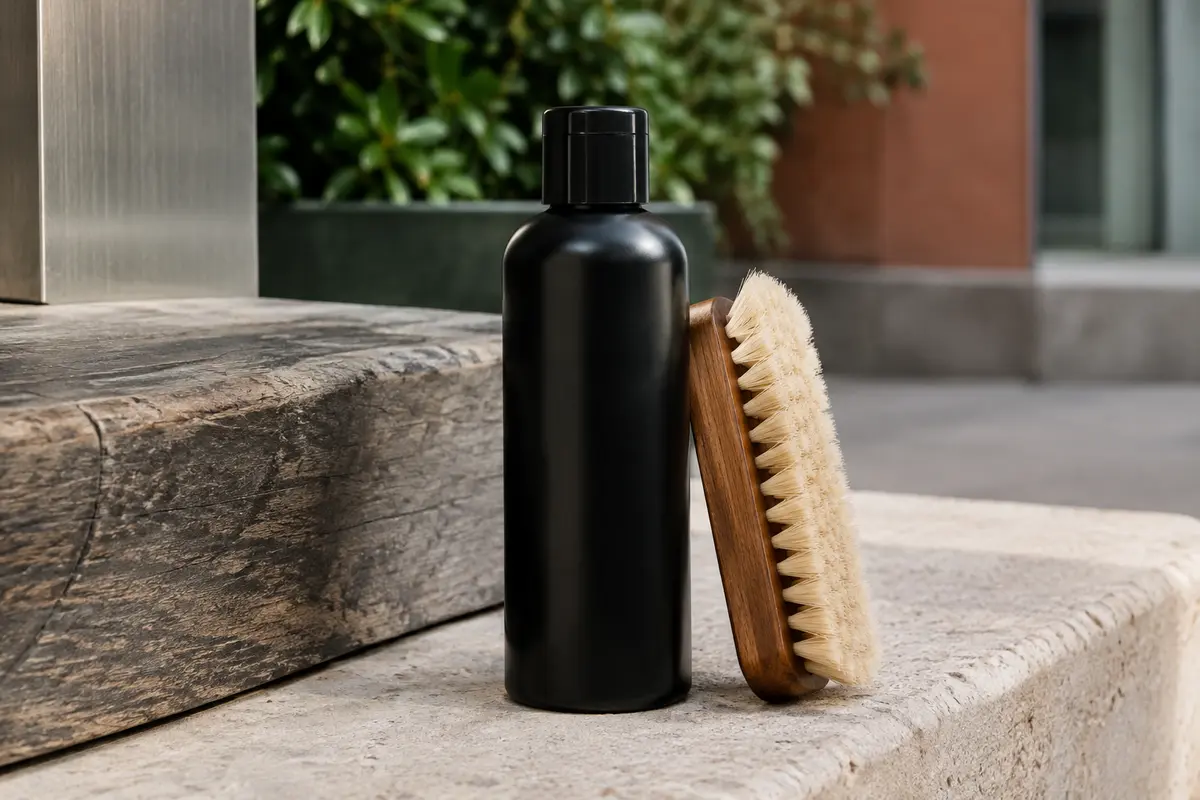 Flacon noir de nettoyant liquide pour baskets posé avec sa brosse sur une pierre claire