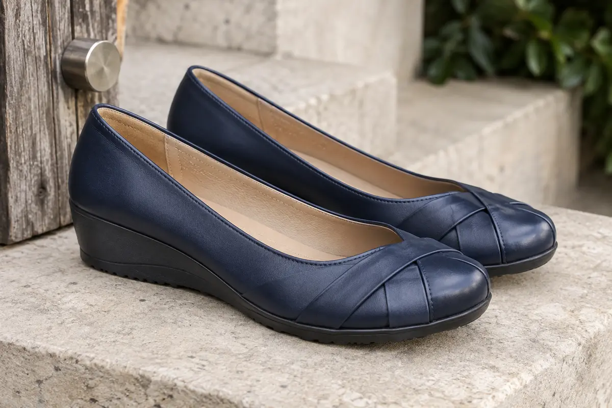 Ballerines Dream Pairs bleu marine en simili cuir lisse, avec détail croisé sur l’empeigne et talon compensé