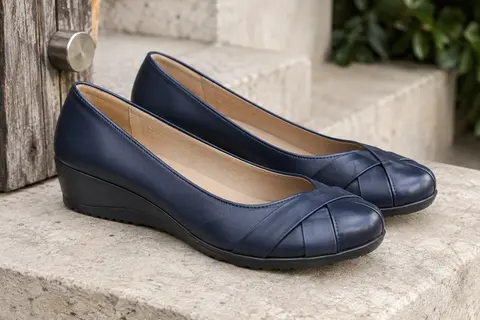 Ballerines Dream Pairs bleu marine en simili cuir lisse, avec détail croisé sur l’empeigne et talon compensé