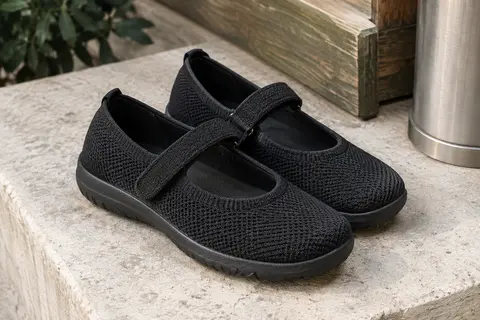 Ballerines Mary Jane en maille noire avec bout large, bride ajustable et semelle souple, posées sur une pierre claire.