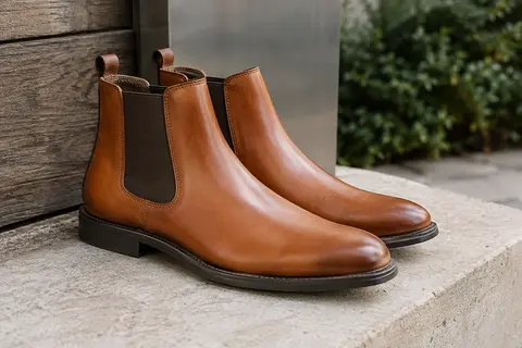 Bottine Chelsea en cuir camel avec panneaux élastiques, posée sur une pierre claire dans un décor urbain sobre.