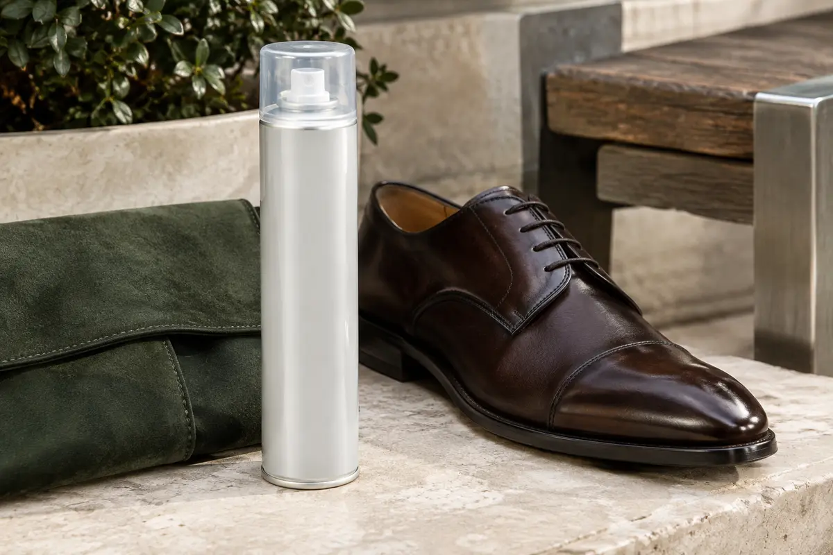 Spray imperméabilisant Famaco posé près d’une chaussure en cuir et d’un accessoire en daim