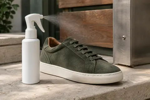 Flacon blanc de spray imperméabilisant rechargeable posé près d’une chaussure en daim sur une pierre claire.