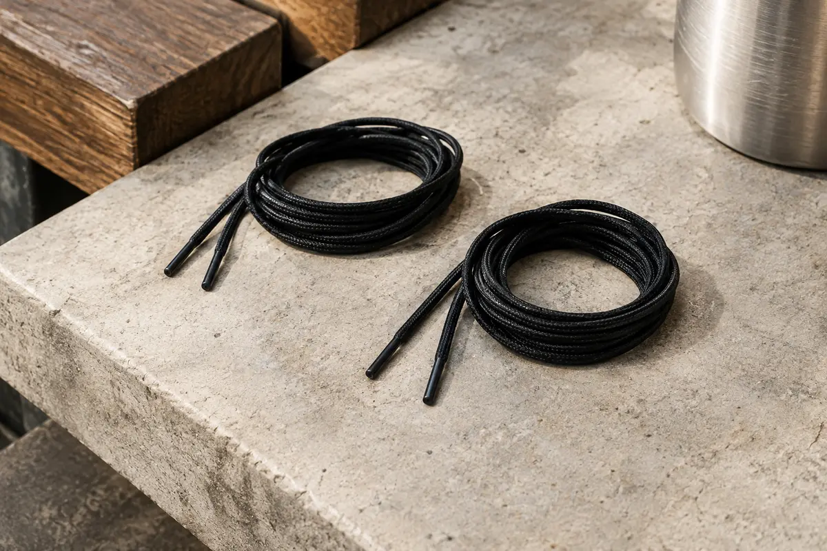 Deux paires de lacets ronds noirs et fins, en coton ciré, posées sur une pierre claire.