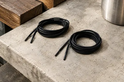 Deux paires de lacets ronds noirs et fins, en coton ciré, posées sur une pierre claire.