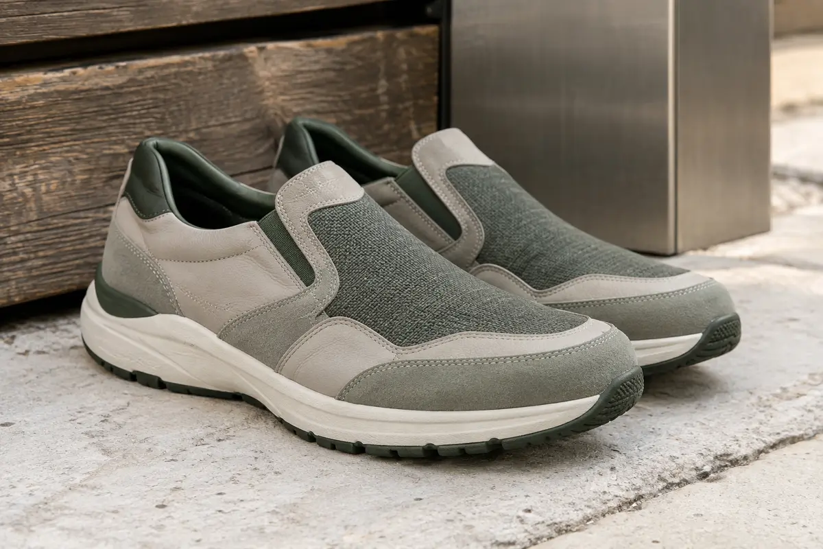 Paire de baskets de ville sans lacets en tons crème et vert, posée sur une pierre claire.