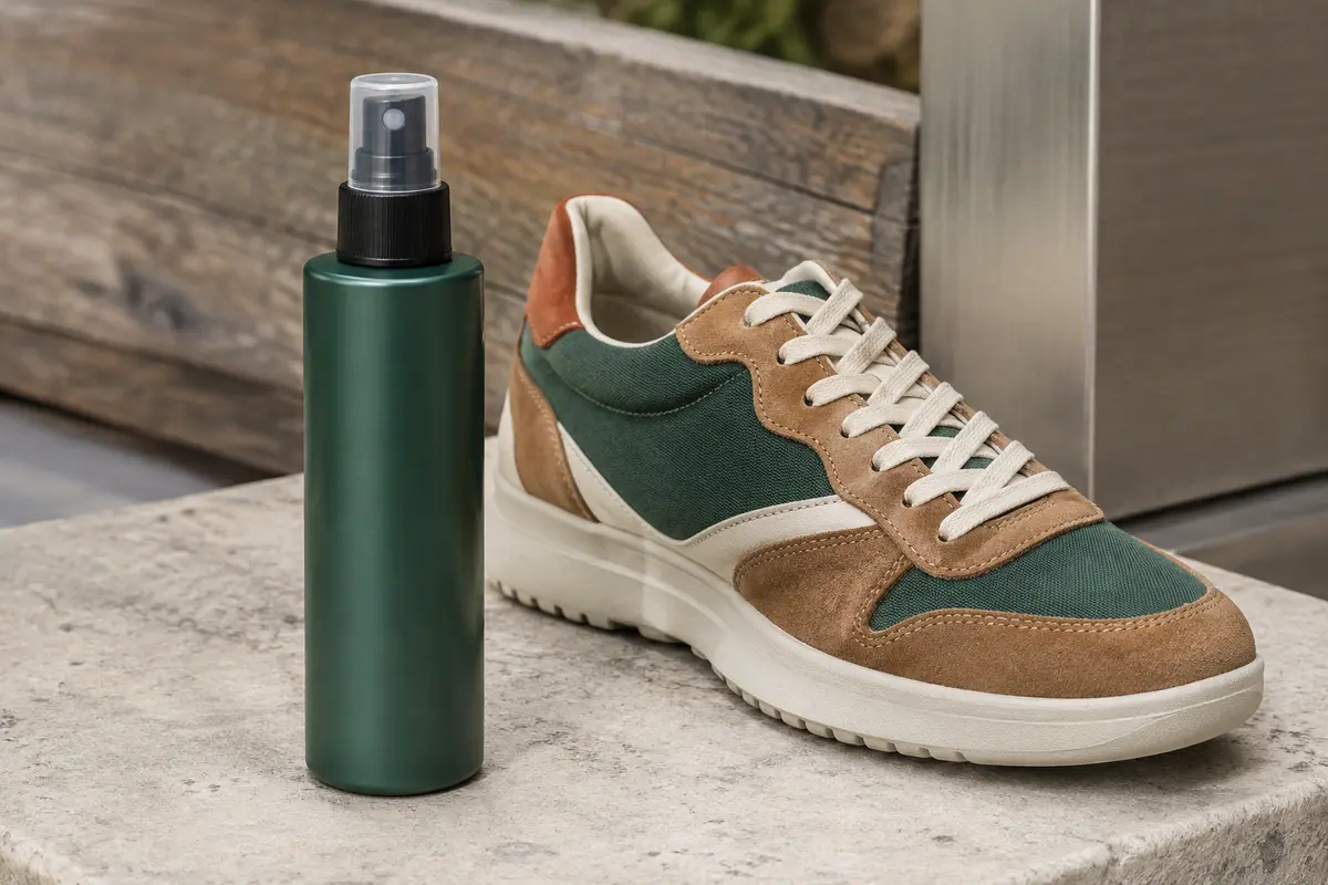 Spray imperméabilisant posé près d’une basket en toile et cuir sur une pierre claire.