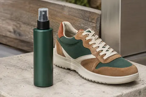 Spray imperméabilisant posé près d’une basket en toile et cuir sur une pierre claire.