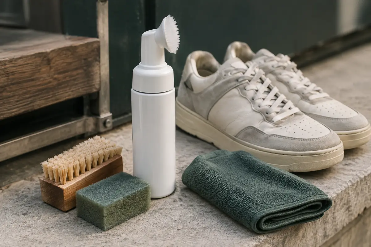 Kit nettoyant pour sneakers avec bouteille blanche, brosse, éponge et serviette sur une pierre claire
