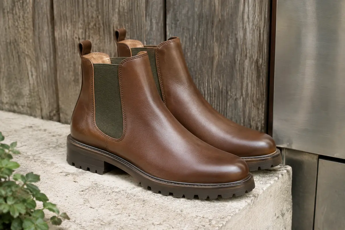 Bottines Chelsea en cuir brun Muscat posées sur une pierre claire dans un décor urbain sobre.