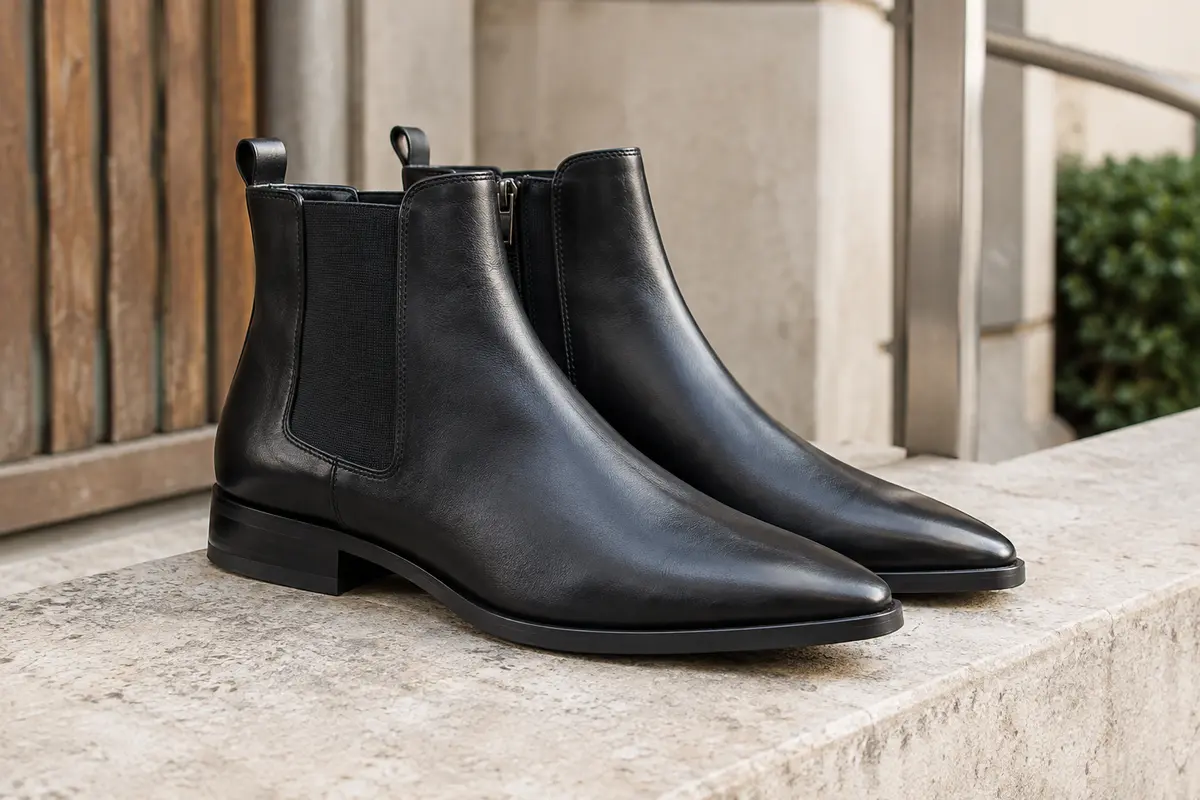 Bottines Chelsea noires à bout effilé, fermeture latérale et semelle en caoutchouc sur une pierre claire