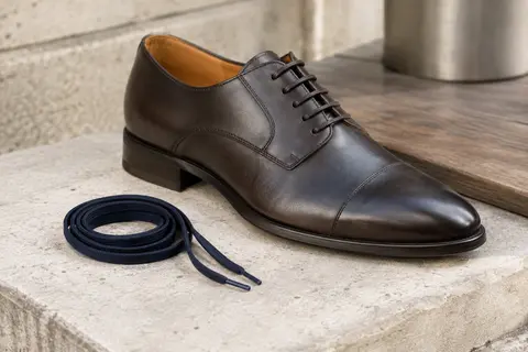 Paire de lacets fins en coton bleu marine posée près d’une chaussure de ville