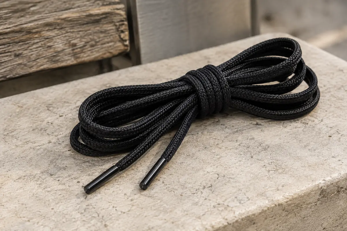 Paire de lacets ronds noirs en coton de 140 cm, avec embouts plastiques, posée sur une pierre claire.