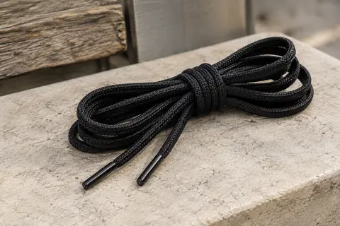 Paire de lacets ronds noirs en coton de 140 cm, avec embouts plastiques, posée sur une pierre claire.